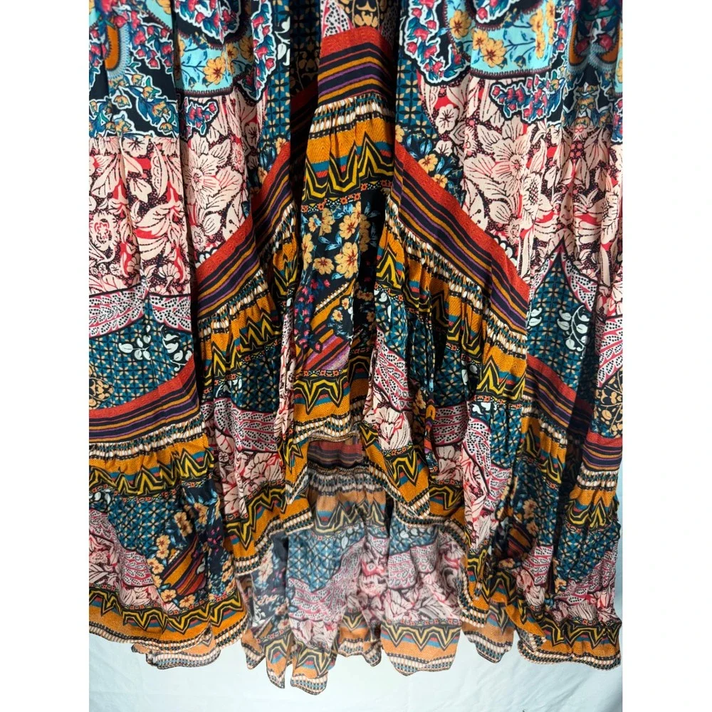 Boho Mixed Print High Low Maxi Skirt with Embroidered Beaded Waistband Viscose - Picture 3 of 9